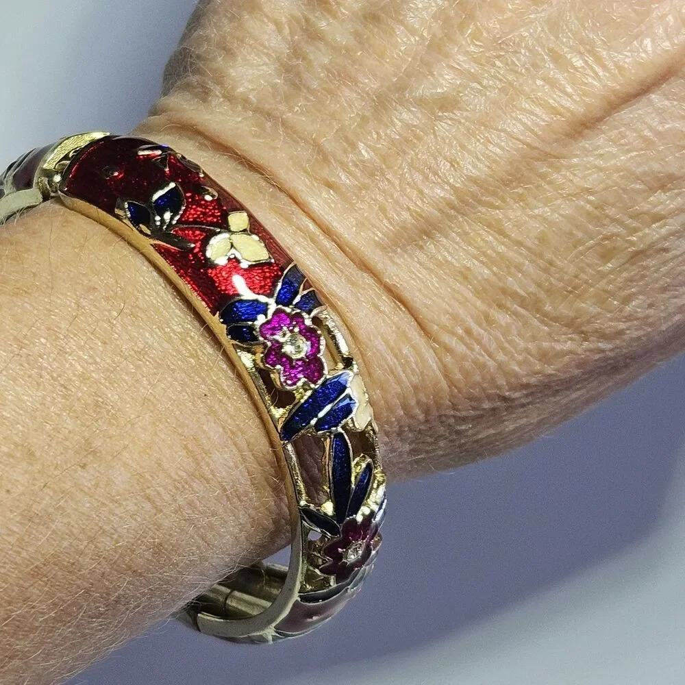 *Sale* Jiu Long Xing Gold Tone Red Blue Cloisonne Flower Hinged Bracelet 7.5" - Picture 4 of 14